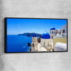 Beach and coastal wall art print of Santorini Cliffside with black framed canvas