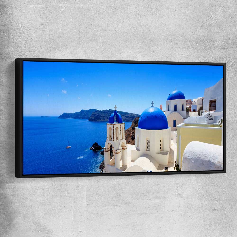 Beach and coastal wall art print of Santorini Cliffside with black framed canvas
