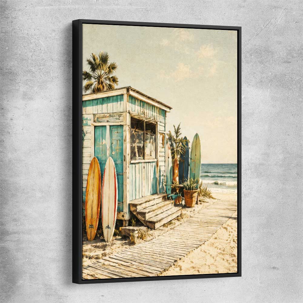 Beach and coastal wall art print of Seaside Surf Shack with black framed canvas
