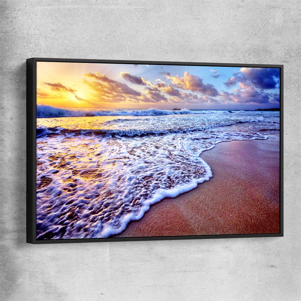 Beach and coastal wall art print of Sunset Coastal Glow with black framed canvas