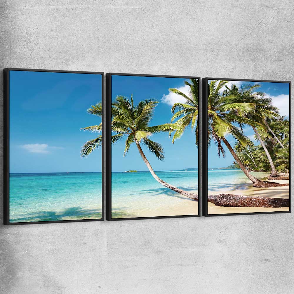 Beach and coastal wall art print of Tropical Paradise Set with black framed canvas