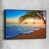 Beach and coastal wall art print of Tropical Sunset Shore with black framed canvas