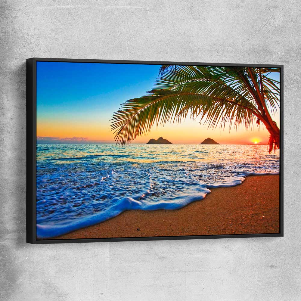 Beach and coastal wall art print of Tropical Sunset Shore with black framed canvas