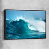 Beach and coastal wall art print of Turquoise Wave Break with black framed canvas