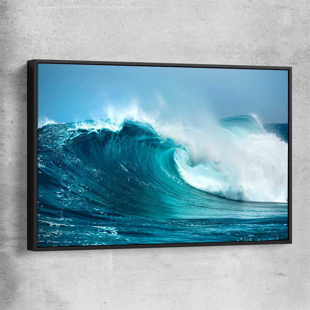 Beach and coastal wall art print of Turquoise Wave Break with black framed canvas