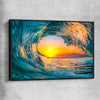 Beach and coastal wall art print of Wave Sunset Tunnel with black framed canvas