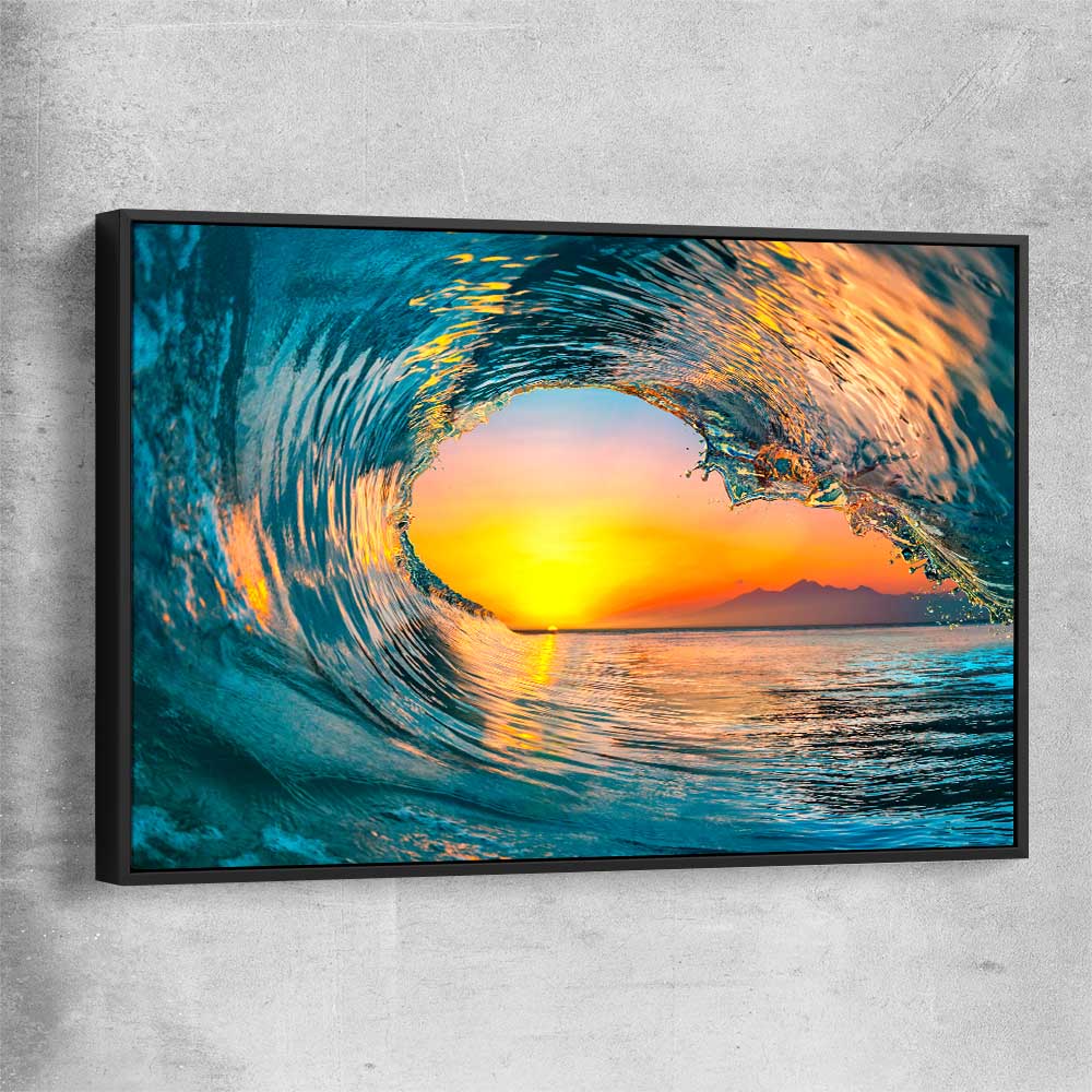 Beach and coastal wall art print of Wave Sunset Tunnel with black framed canvas