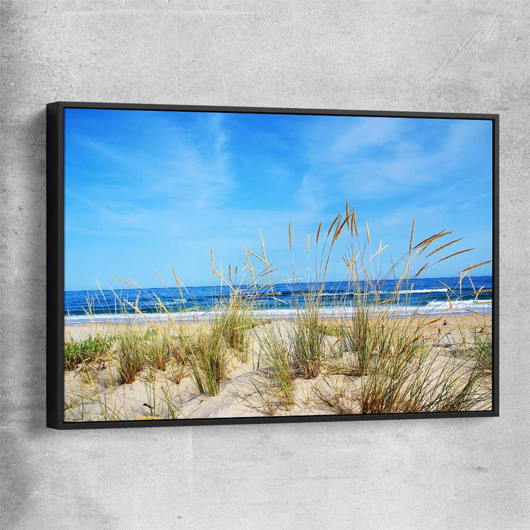 Beach and coastal wall art print of Algarve Dune Flora with black framed canvas