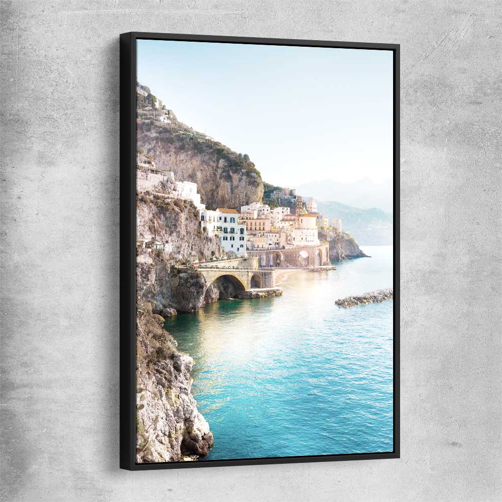 Beach and coastal wall art print of Amalfi Edge with black framed canvas