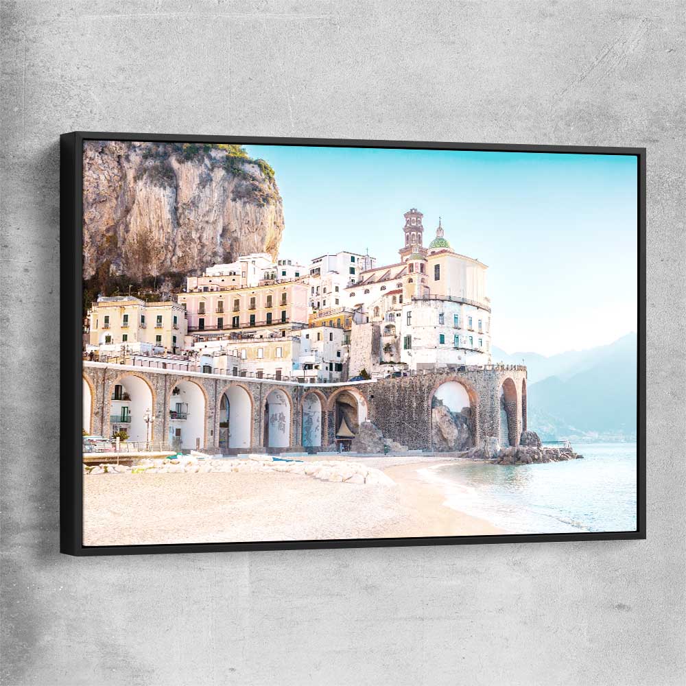 Beach and coastal wall art print of Amalfi Tides with black framed canvas
