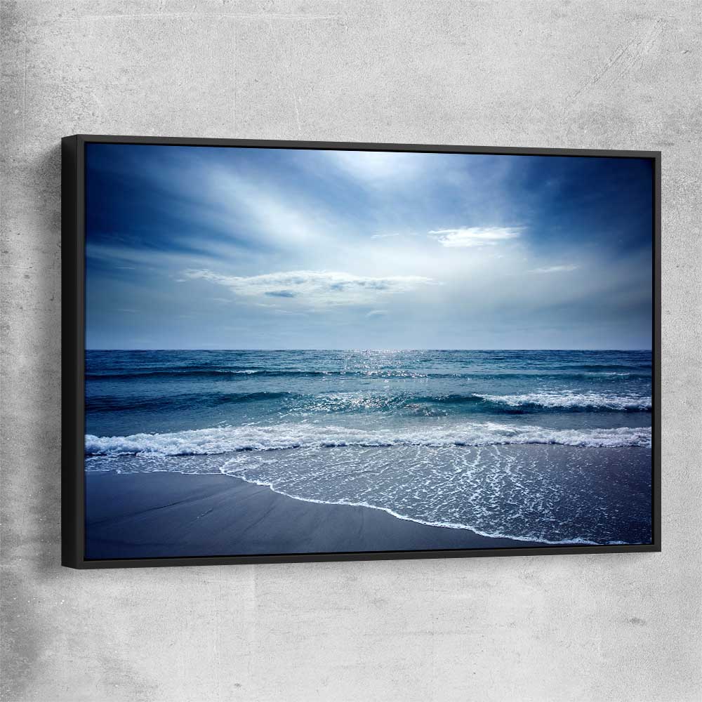 Beach and coastal wall art print of Beach Solitude with black framed canvas