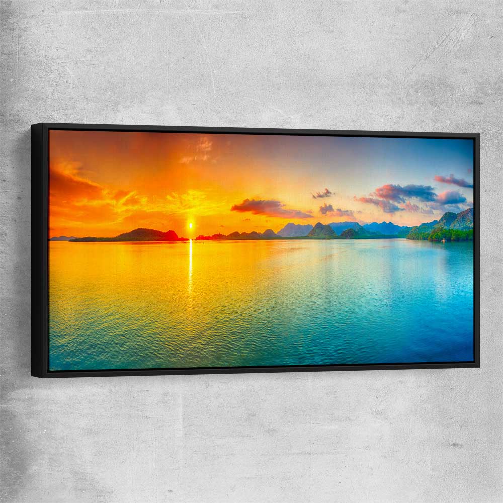 Beach and coastal wall art print of Beautiful Sunset with black framed canvas