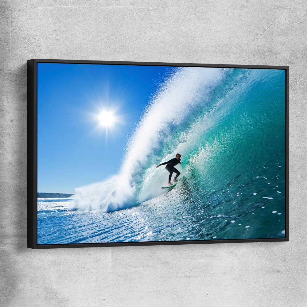 Beach and coastal wall art print of Blue Ocean Surfer with black framed canvas