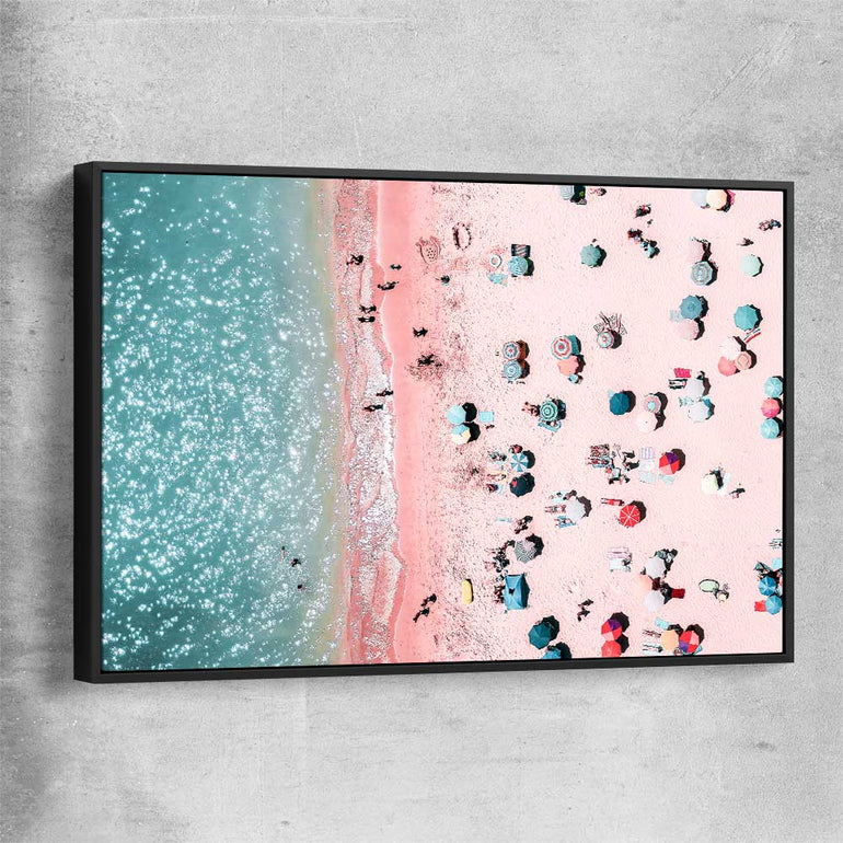 Beach and coastal wall art print of Bondi Pink Aerial with black framed canvas