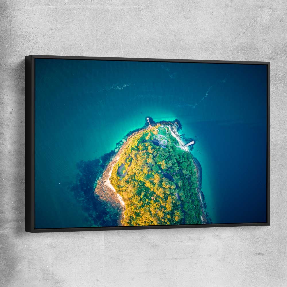 Beach and coastal wall art print of Bradleys Head Aerial with black framed canvas