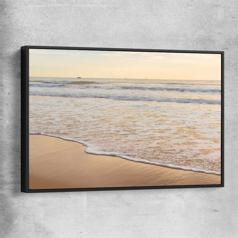 Beach and coastal wall art print of Calm Tides with black framed canvas