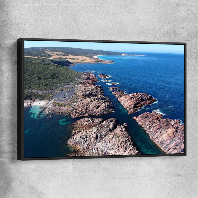 Beach and coastal wall art print of Canal Rocks Two with black framed canvas