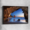 Beach and coastal wall art print of Cathedral Cove New Zealand with black framed canvas