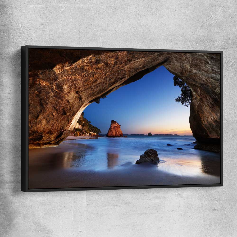 Beach and coastal wall art print of Cathedral Cove New Zealand with black framed canvas