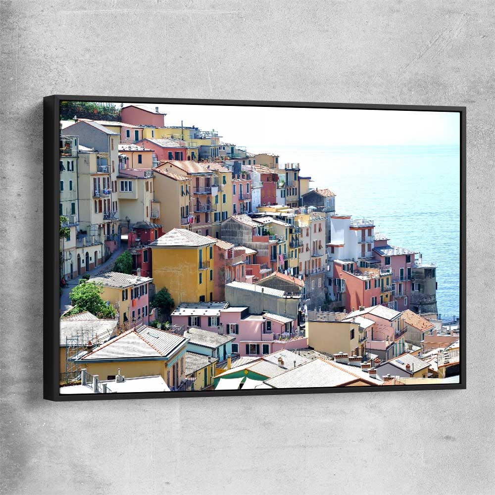 Beach and coastal wall art print of Cinque Terre with black framed canvas