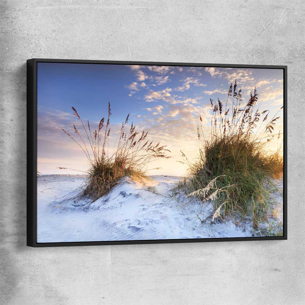 Beach and coastal wall art print of Coastal Sunrise with black framed canvas