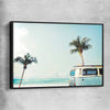 Beach and coastal wall art print of Combi Van Palms with black framed canvas