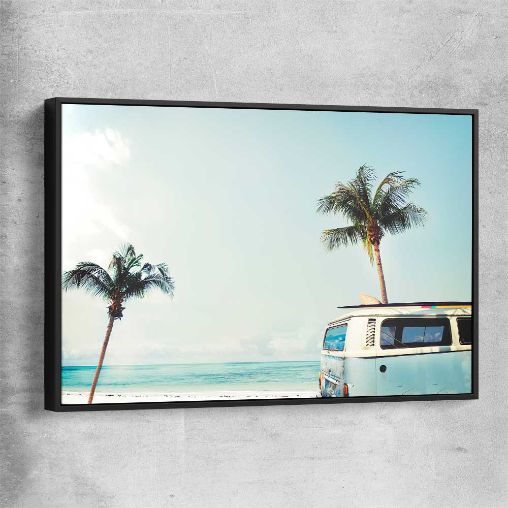 Beach and coastal wall art print of Combi Van Palms with black framed canvas