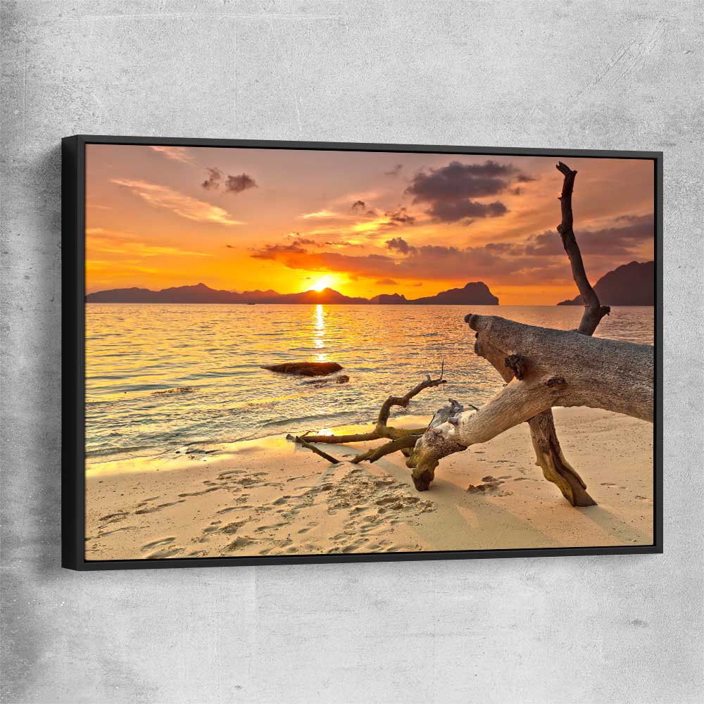 Beach and coastal wall art print of Driftwood at Sunset with black framed canvas