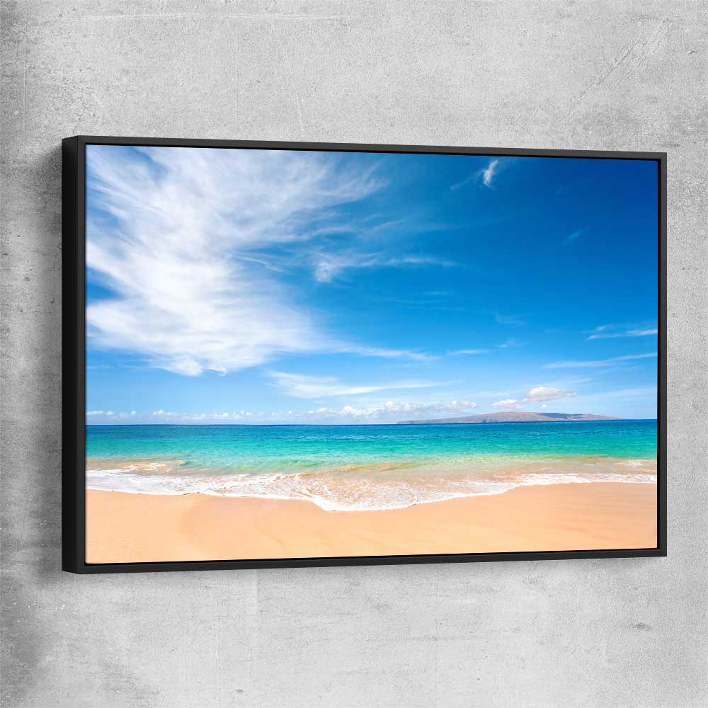 Beach and coastal wall art print of Endless Blue Horizon with black framed canvas