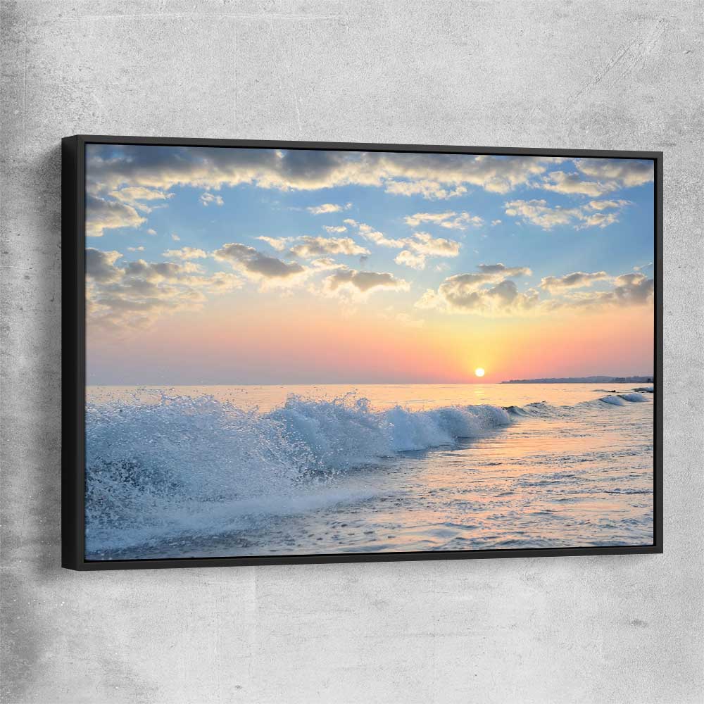 Beach and coastal wall art print of Gentle Tide at Dusk with black framed canvas