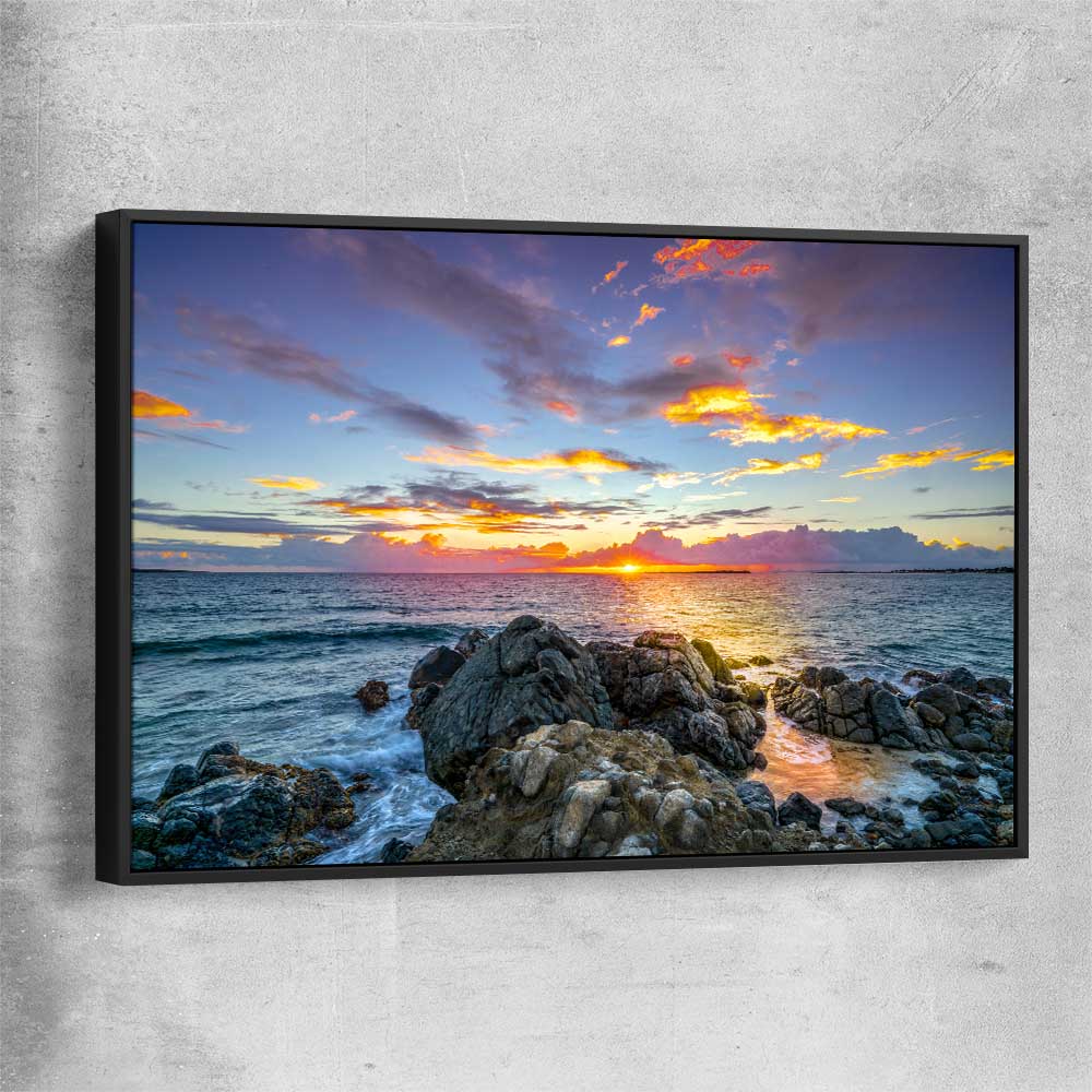 Beach and coastal wall art print of Golden Coast Horizon with black framed canvas