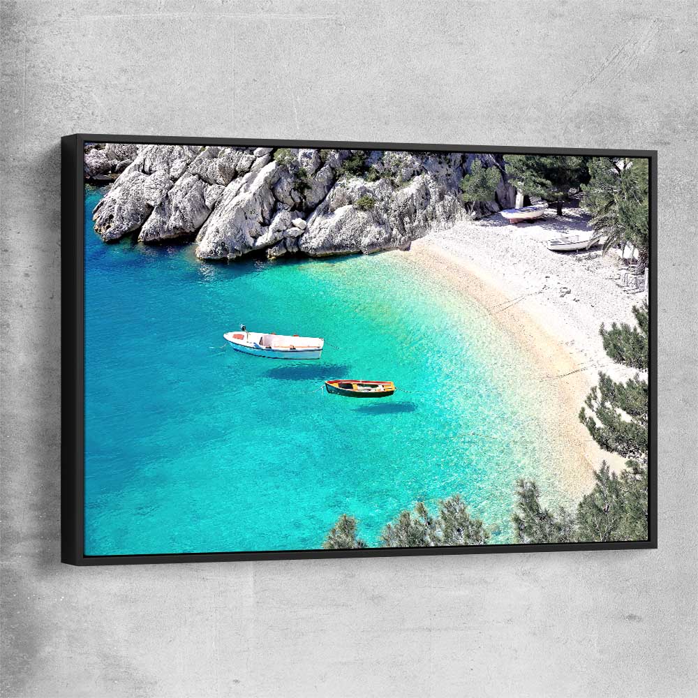 Beach and coastal wall art print of Hidden Beach with black framed canvas