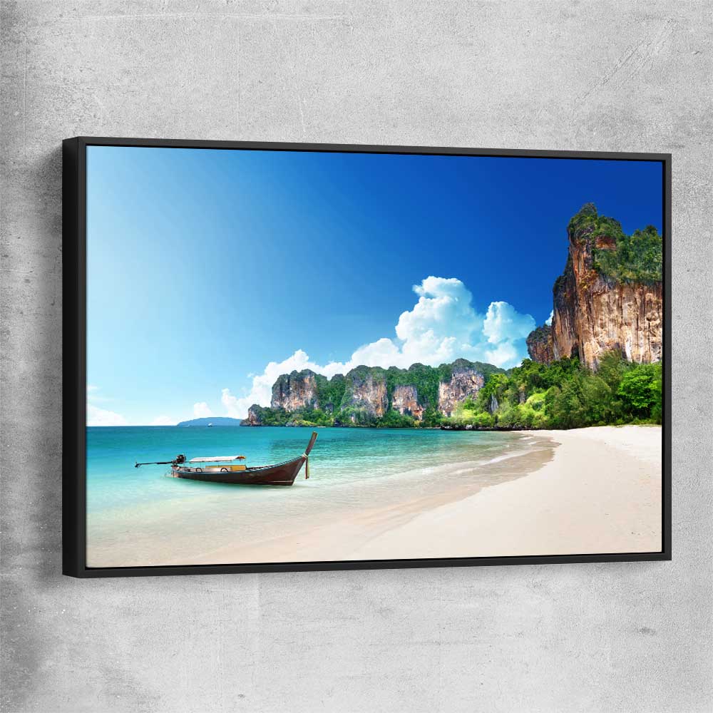 Beach and coastal wall art print of Hidden Lagoon Escape with black framed canvas