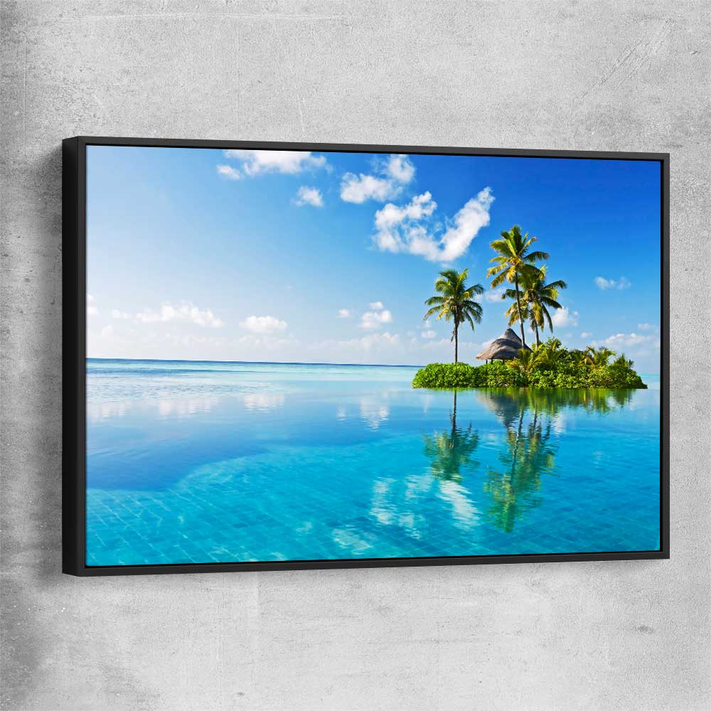 Beach and coastal wall art print of Island Serenity with black framed canvas