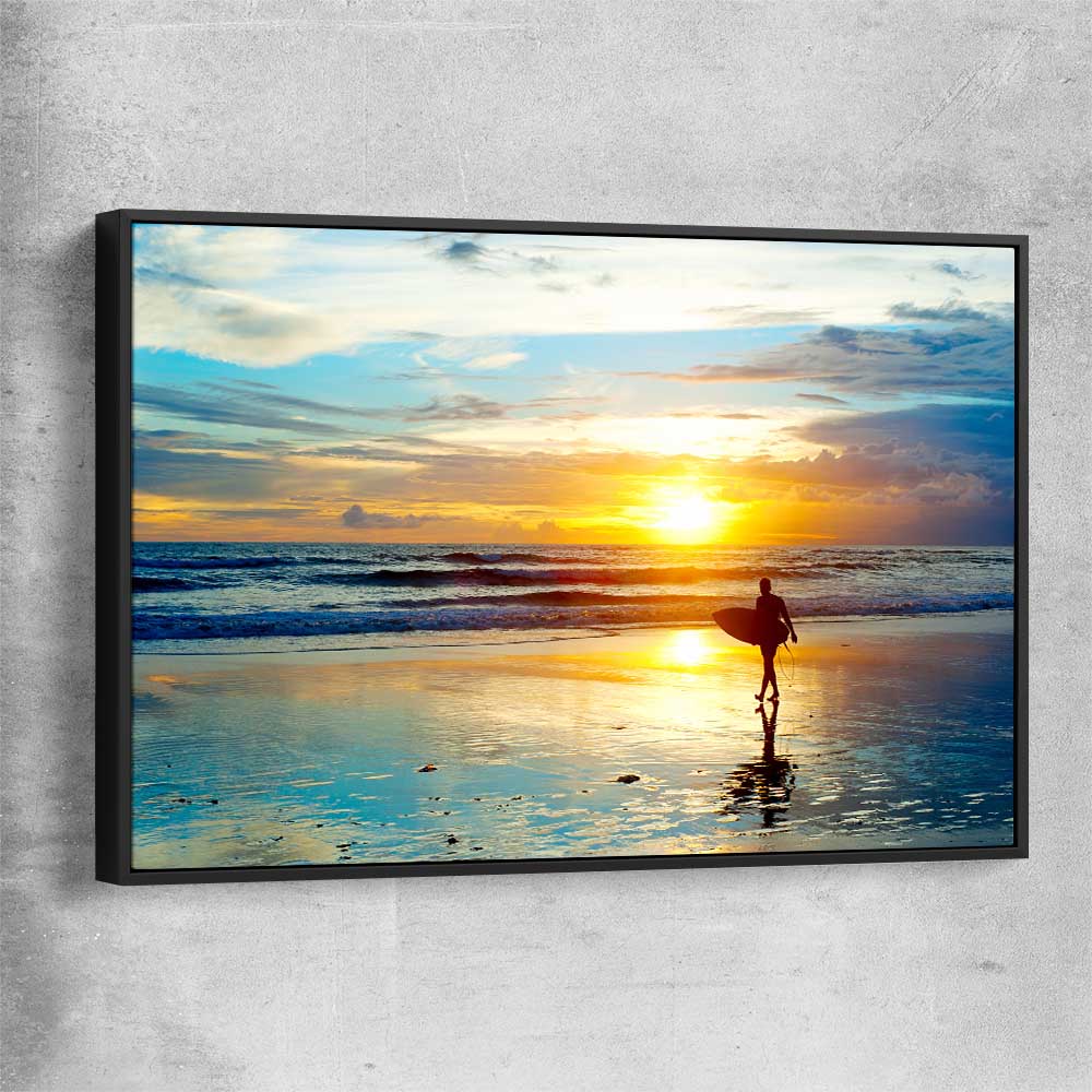 Beach and coastal wall art print of Last Surf at Sunset with black framed canvas