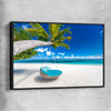 Beach and coastal wall art print of Paradise Swing with black framed canvas