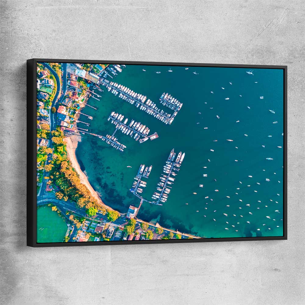 Beach and coastal wall art print of Point Piper Piers with black framed canvas