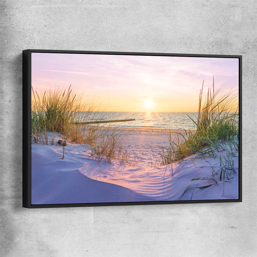 Beach and coastal wall art print of Pristine Beach Sunset with black framed canvas