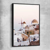 Beach and coastal wall art print of Santorini Windmill with black framed canvas
