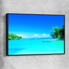 Beach and coastal wall art print of Serene Island Waters with black framed canvas