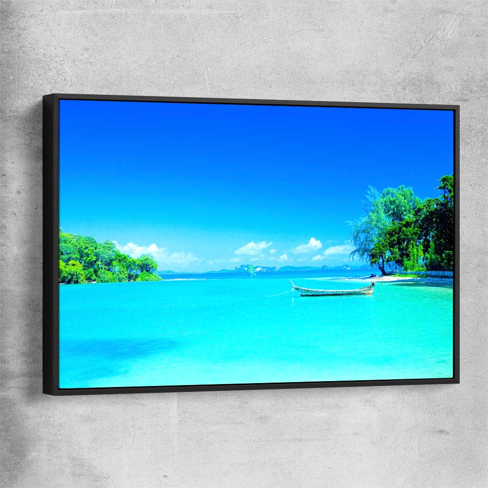 Beach and coastal wall art print of Serene Island Waters with black framed canvas