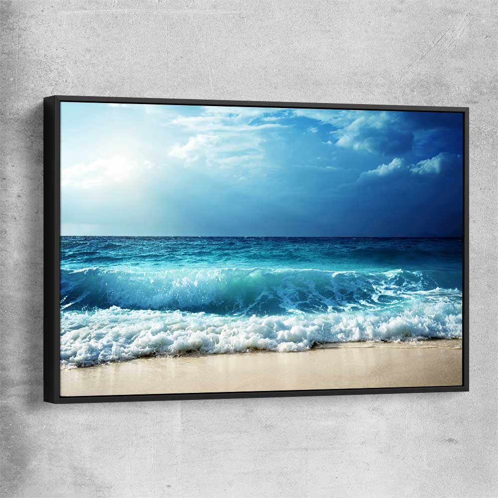 Beach and coastal wall art print of Seychelles Beach Waves with black framed canvas