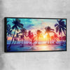 Beach and coastal wall art print of Sunset Palm Glow with black framed canvas