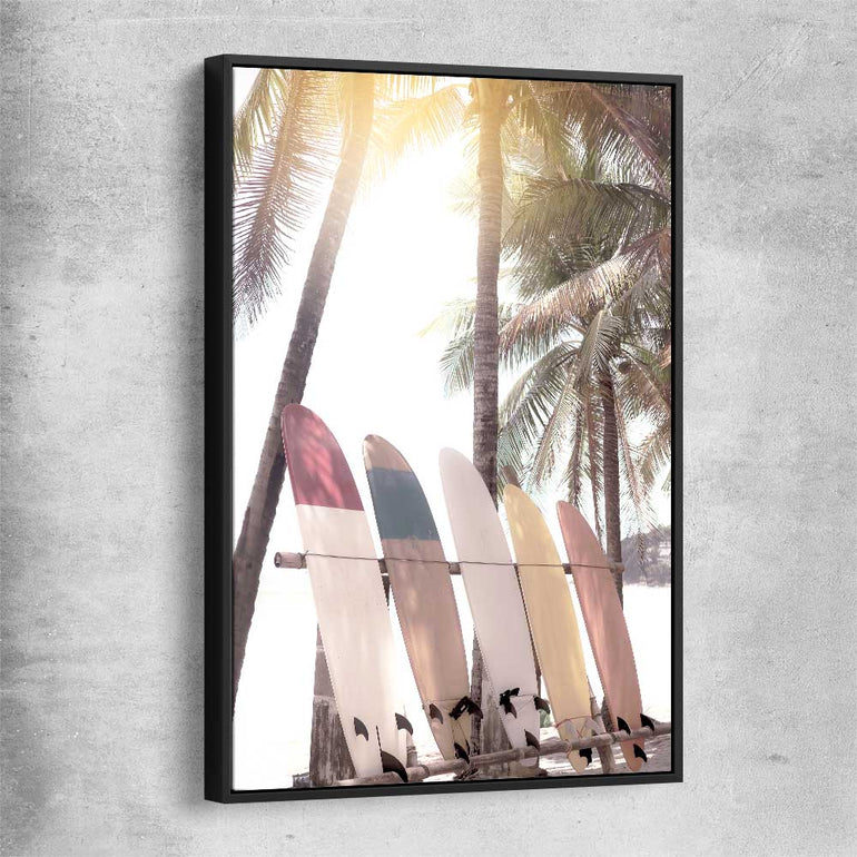 Beach and coastal wall art print of Surf Sunset with black framed canvas