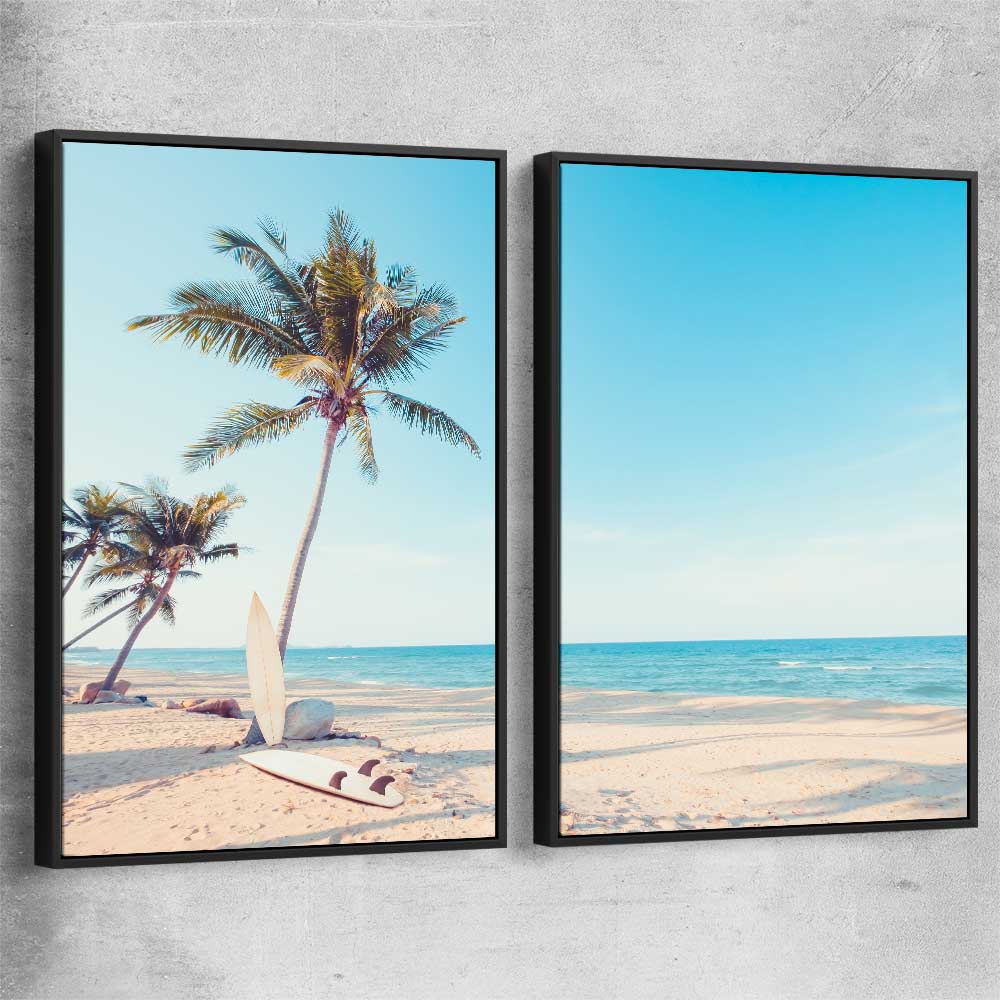 Beach and coastal wall art print of Surfing Break Pair with black framed canvas