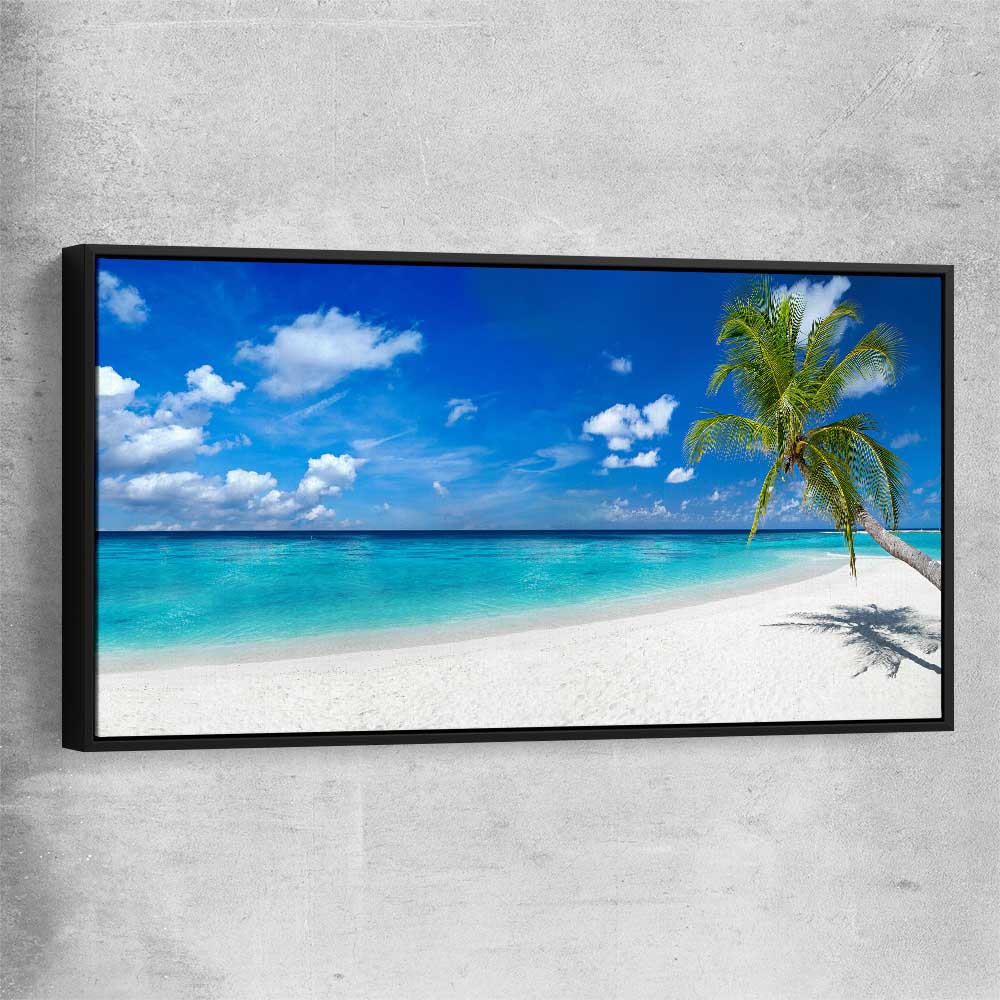 Beach and coastal wall art print of Tropical Escape with black framed canvas