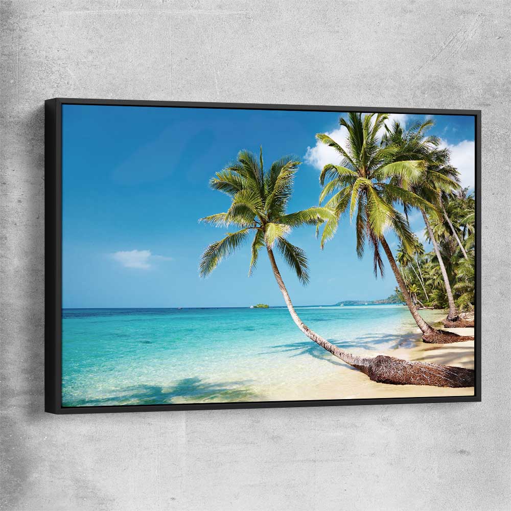Beach and coastal wall art print of Tropical Paradise with black framed canvas