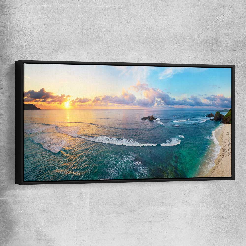 Beach and coastal wall art print of Tropical Surfers Beach with black framed canvas