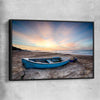 Beach and coastal wall art print of Vintage Fishing Boat with black framed canvas
