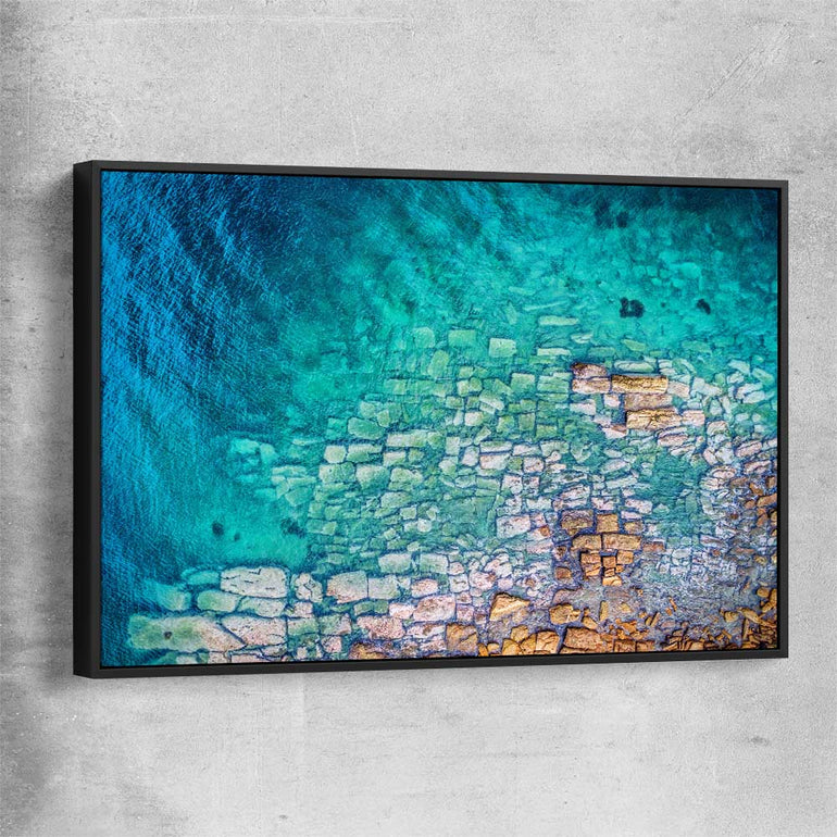 Beach and coastal wall art print of Watsons Bay Rocks with black framed canvas
